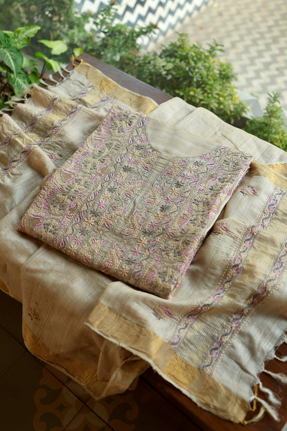 Natural & Mauve Shade Tussar Silk Natural Shade With Multi Thread Chikankari Fabric