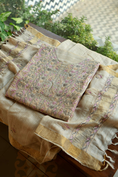 Natural & Mauve Shade Tussar Silk Natural Shade With Multi Thread Chikankari Fabric