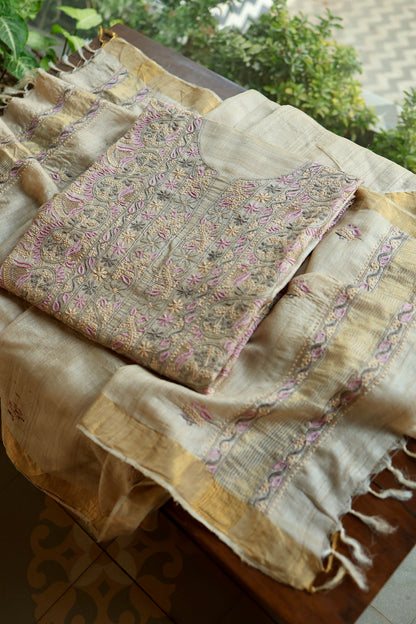 Natural & Mauve Shade Tussar Silk Natural Shade With Multi Thread Chikankari Fabric