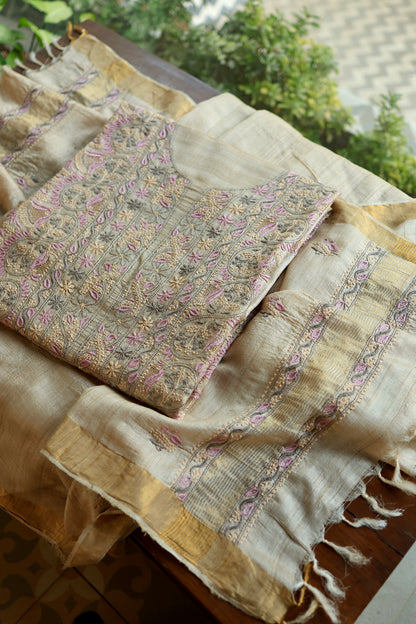 Natural & Mauve Shade Tussar Silk Natural Shade With Multi Thread Chikankari Fabric