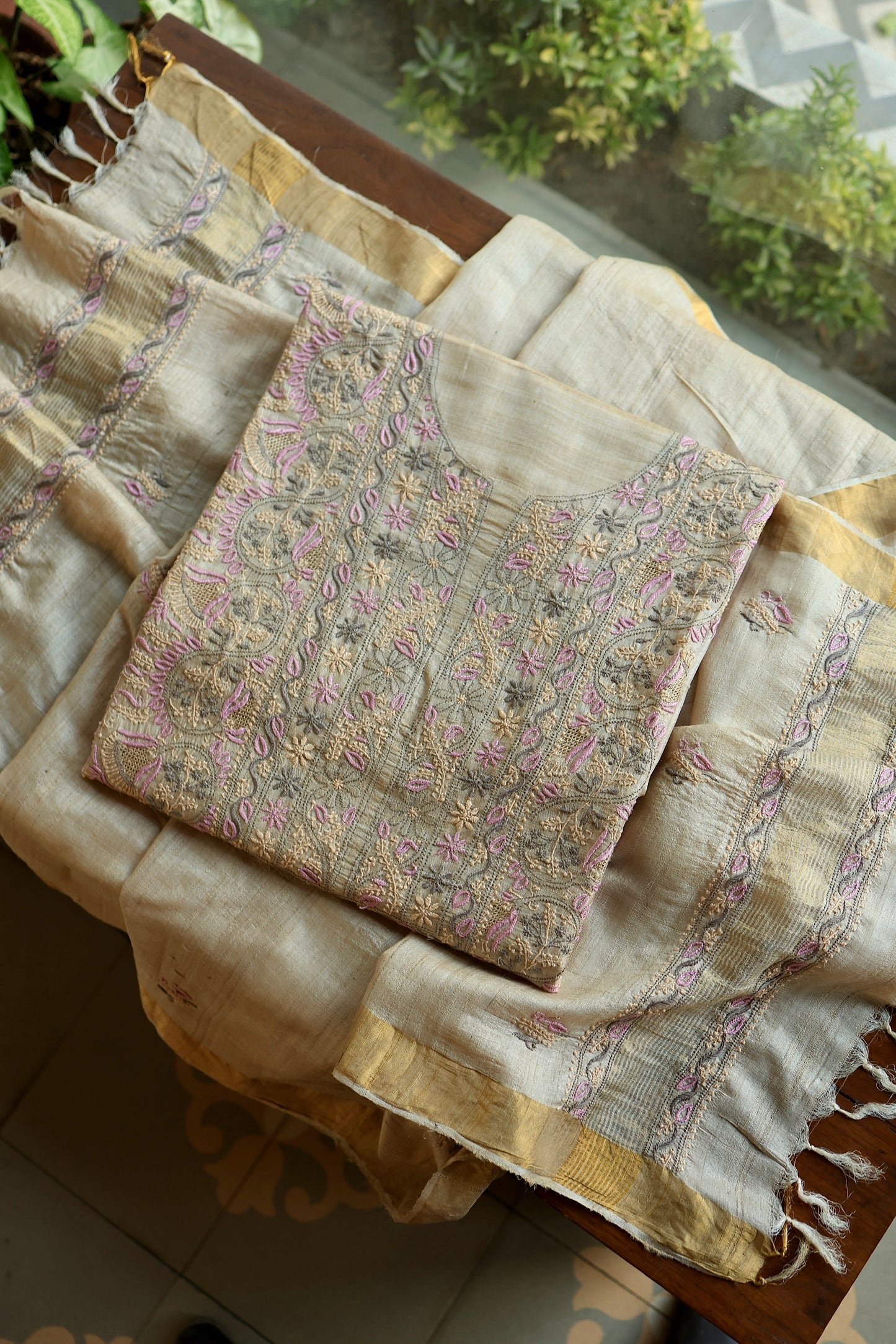 Natural & Mauve Shade Tussar Silk Natural Shade With Multi Thread Chikankari Fabric
