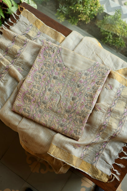 Natural & Mauve Shade Tussar Silk Natural Shade With Multi Thread Chikankari Fabric