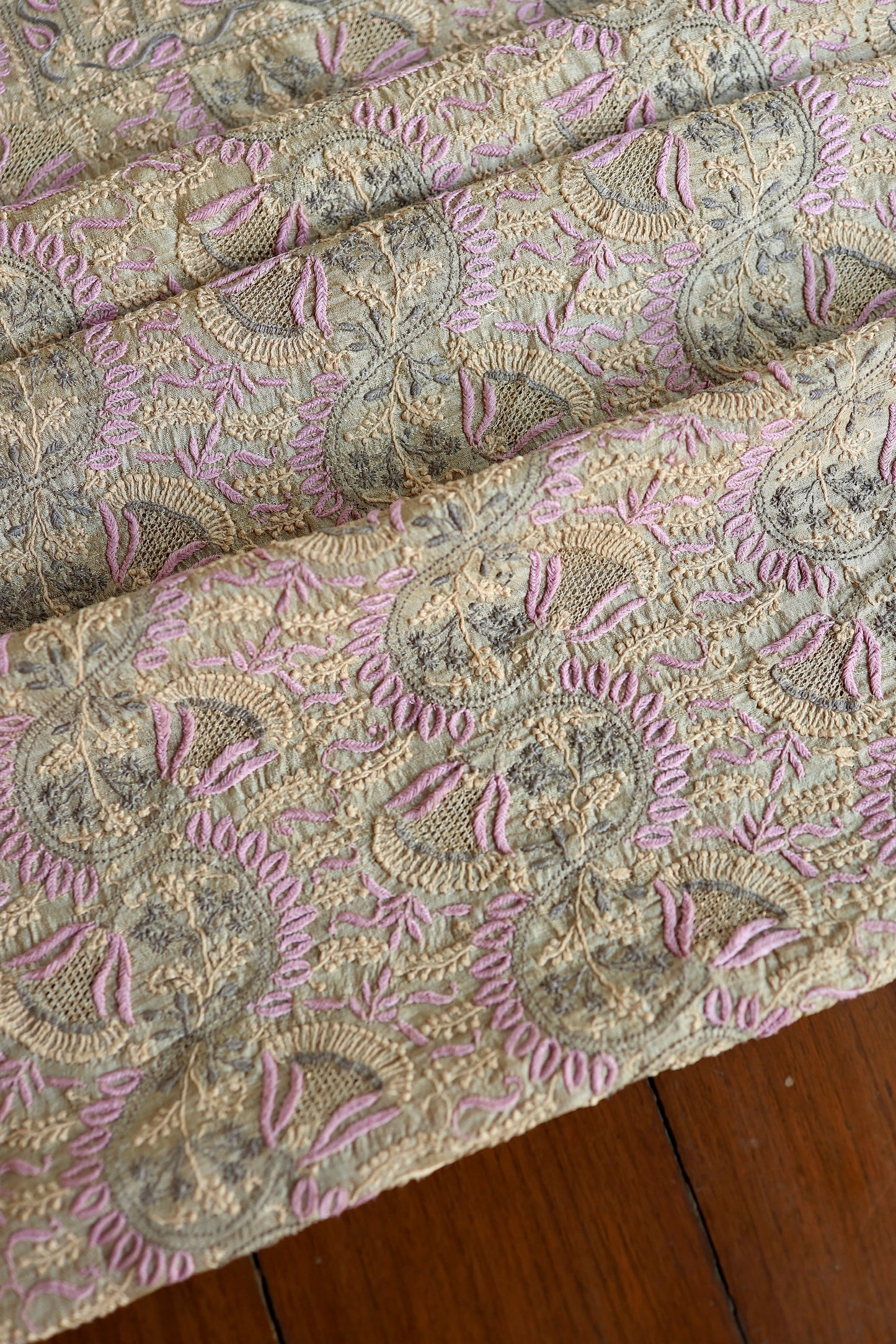 Natural & Mauve Shade Tussar Silk Natural Shade With Multi Thread Chikankari Fabric