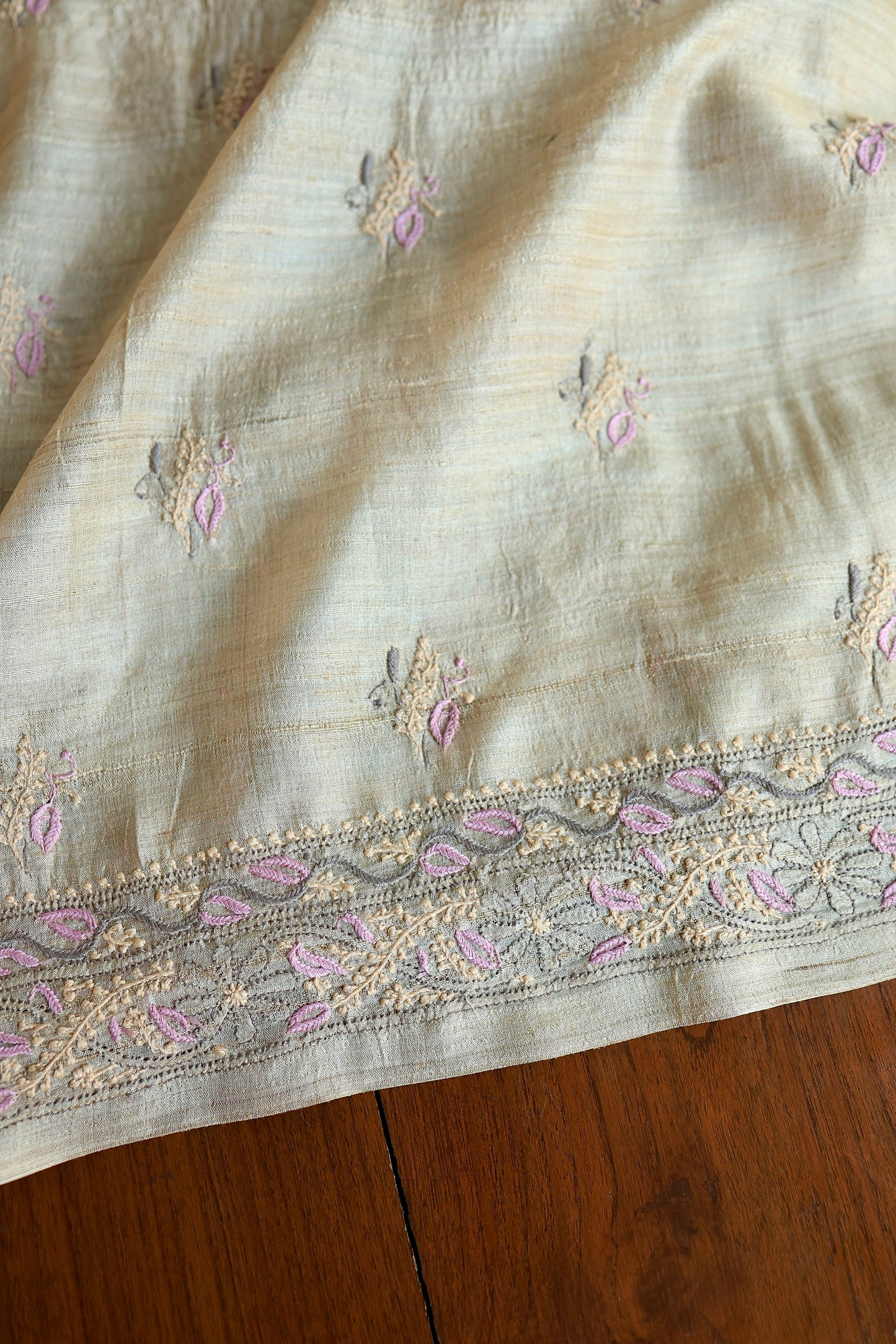 Natural & Mauve Shade Tussar Silk Natural Shade With Multi Thread Chikankari Fabric