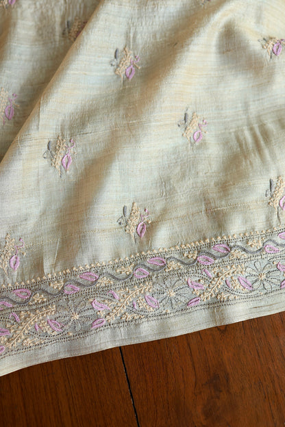 Natural & Mauve Shade Tussar Silk Natural Shade With Multi Thread Chikankari Fabric