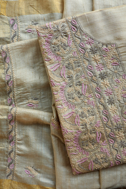Natural & Mauve Shade Tussar Silk Natural Shade With Multi Thread Chikankari Fabric