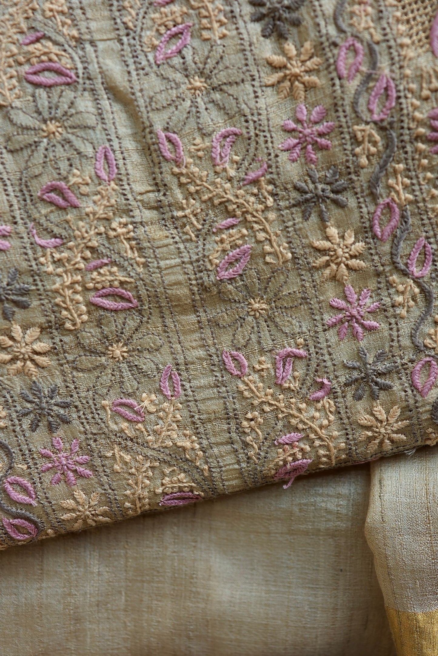 Natural & Mauve Shade Tussar Silk Natural Shade With Multi Thread Chikankari Fabric