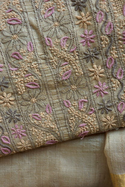 Natural & Mauve Shade Tussar Silk Natural Shade With Multi Thread Chikankari Fabric