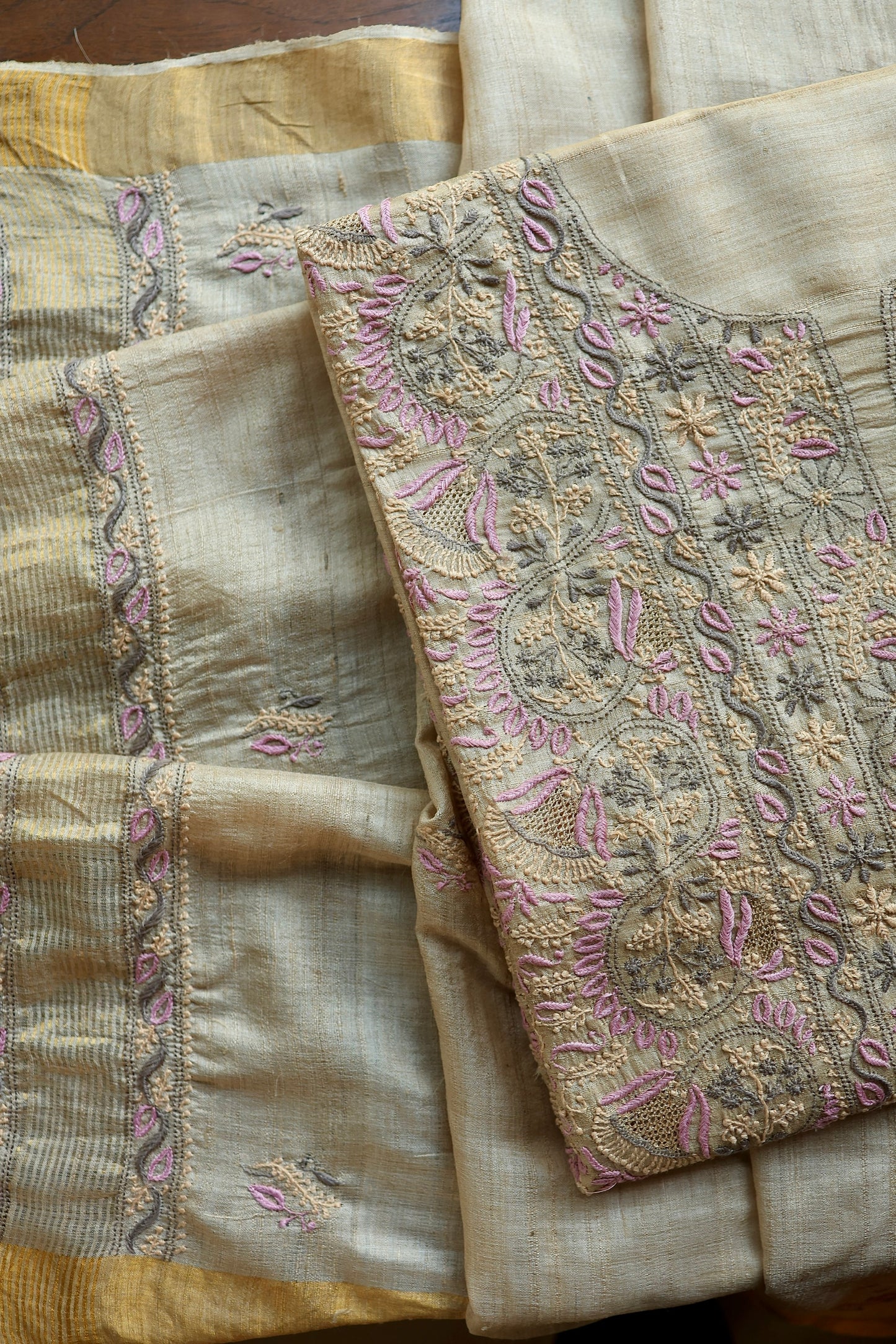 Natural & Mauve Shade Tussar Silk Natural Shade With Multi Thread Chikankari Fabric
