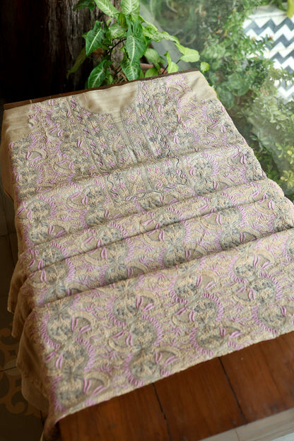 Natural & Mauve Shade Tussar Silk Natural Shade With Multi Thread Chikankari Fabric