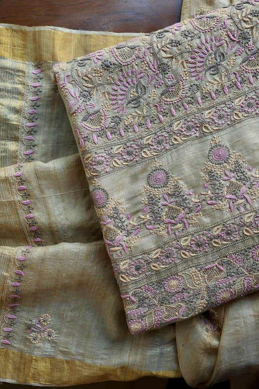 Natural & Mauve Shade Tussar Silk Natural Shade With Multi Thread Chikankari Fabric