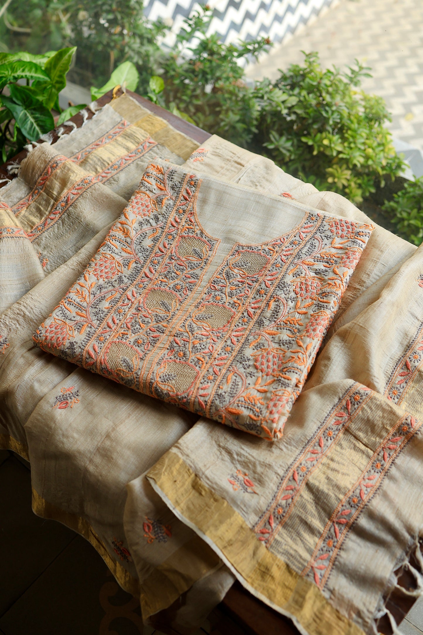 Natural & Orange Shade Tussar Silk Natural Shade With Multi Thread Chikankari Fabric