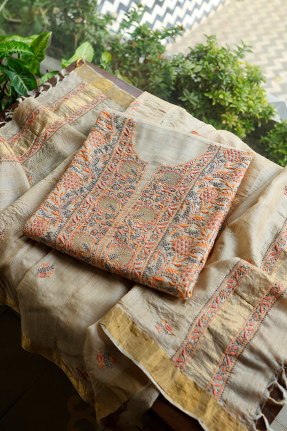 Natural & Orange Shade Tussar Silk Natural Shade With Multi Thread Chikankari Fabric