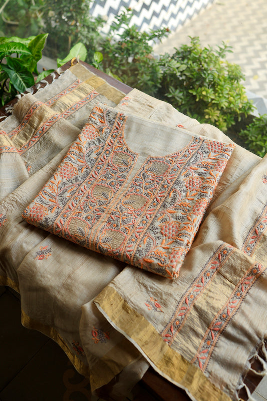 Natural & Orange Shade Tussar Silk Natural Shade With Multi Thread Chikankari Fabric