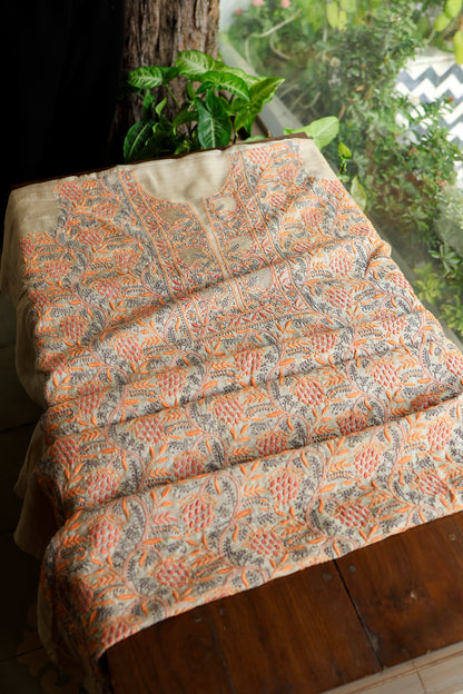 Natural & Orange Shade Tussar Silk Natural Shade With Multi Thread Chikankari Fabric
