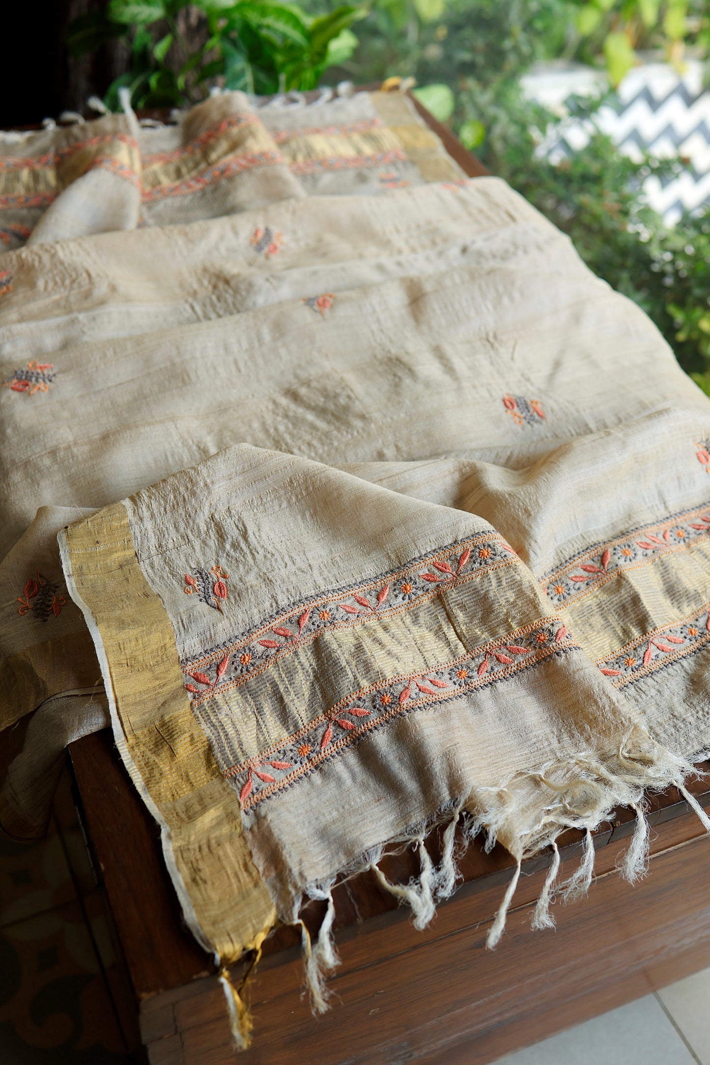 Natural & Orange Shade Tussar Silk Natural Shade With Multi Thread Chikankari Fabric