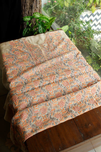 Natural & Orange Shade Tussar Silk Natural Shade With Multi Thread Chikankari Fabric