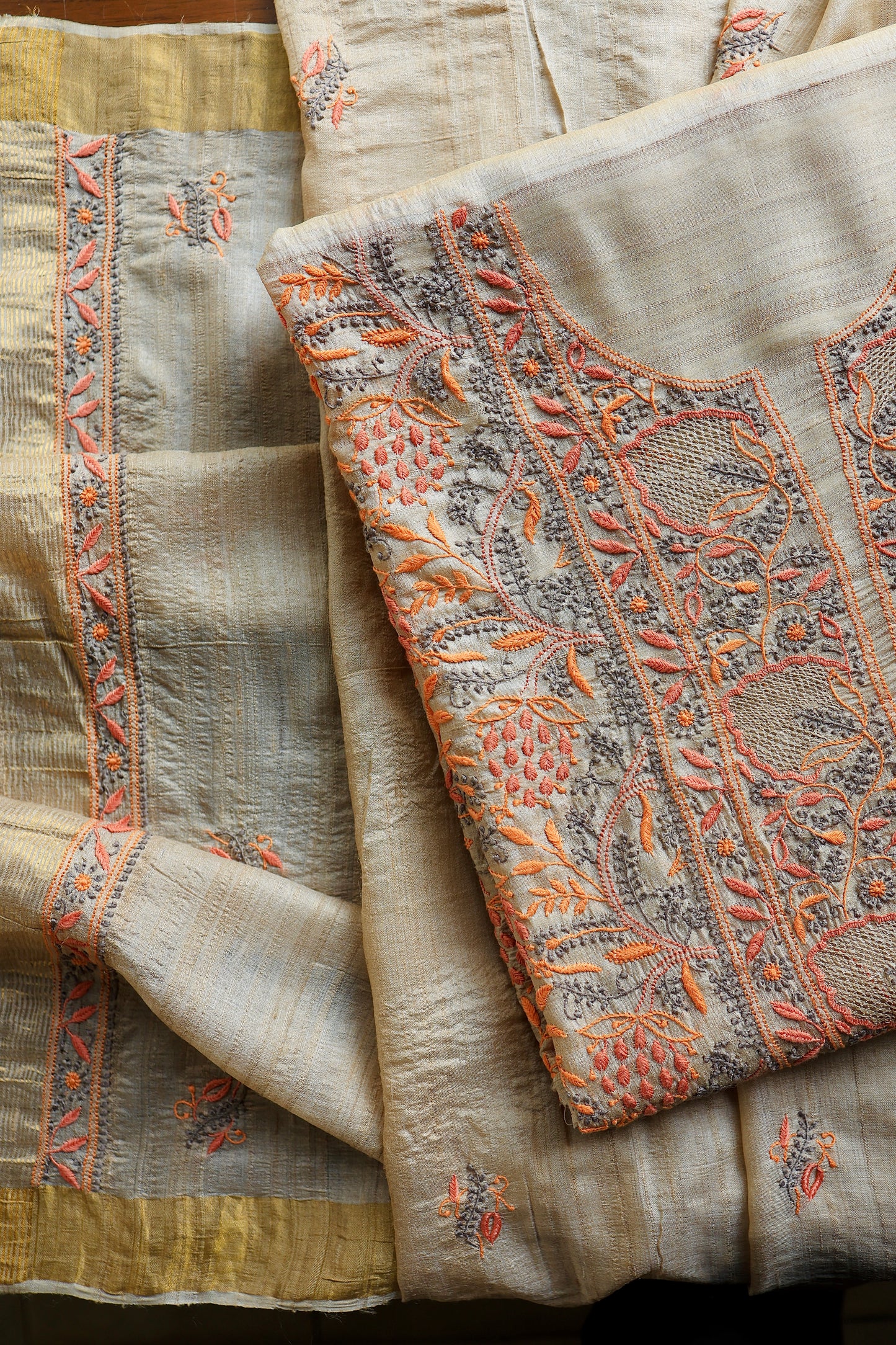 Natural & Orange Shade Tussar Silk Natural Shade With Multi Thread Chikankari Fabric