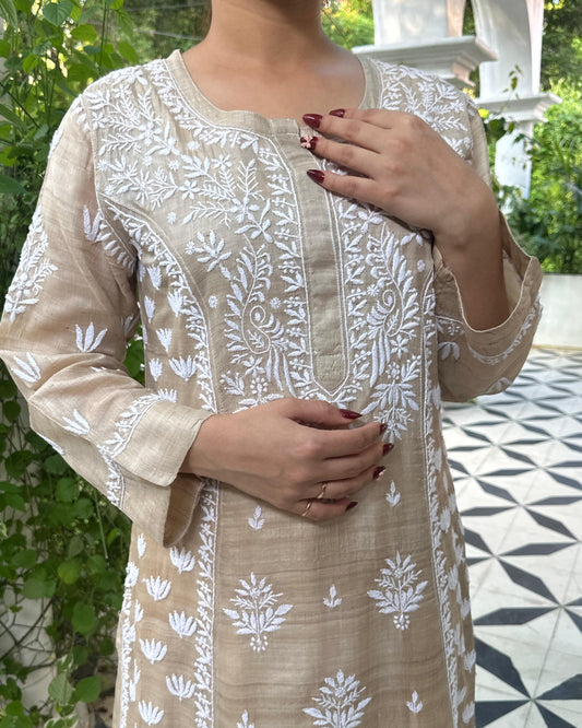 Natural Tussar Silk Chikankari Ready to Wear Kurta Dress