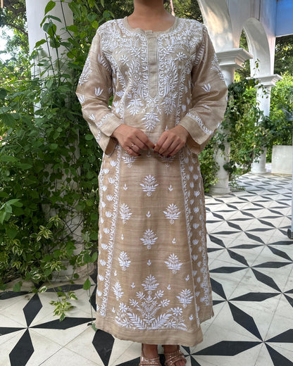 Natural Tussar Silk Chikankari Ready to Wear Kurta Dress