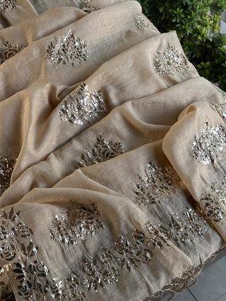 Natutal Beige Tussar Silk Mukaish Badla Rose Motif Dupatta
