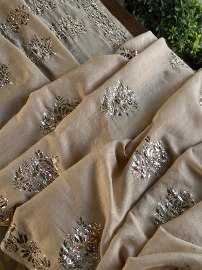 Natutal Beige Tussar Silk Mukaish Badla Rose Motif Dupatta
