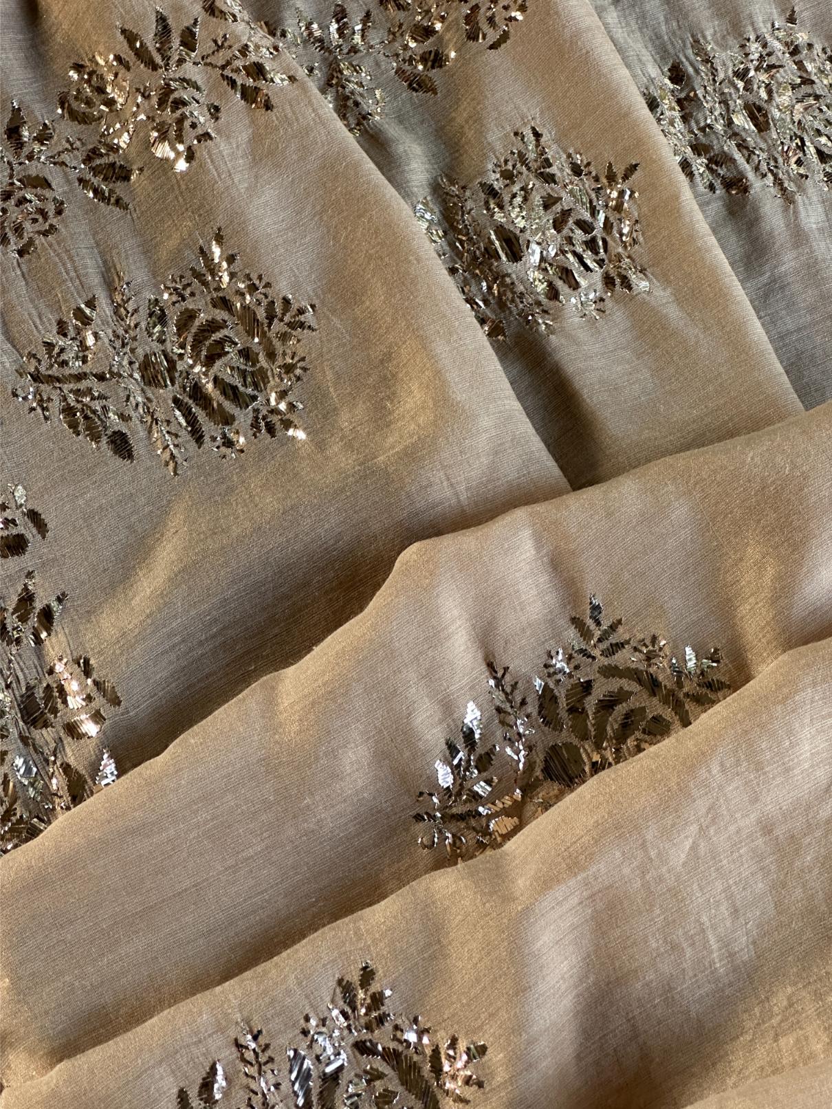 Natutal Beige Tussar Silk Mukaish Badla Rose Motif Dupatta