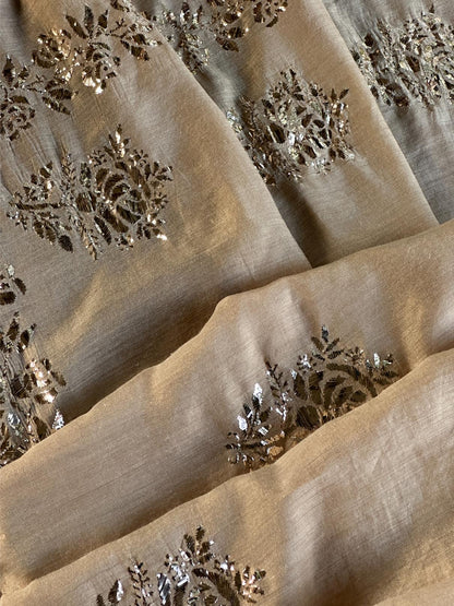 Natutal Beige Tussar Silk Mukaish Badla Rose Motif Dupatta