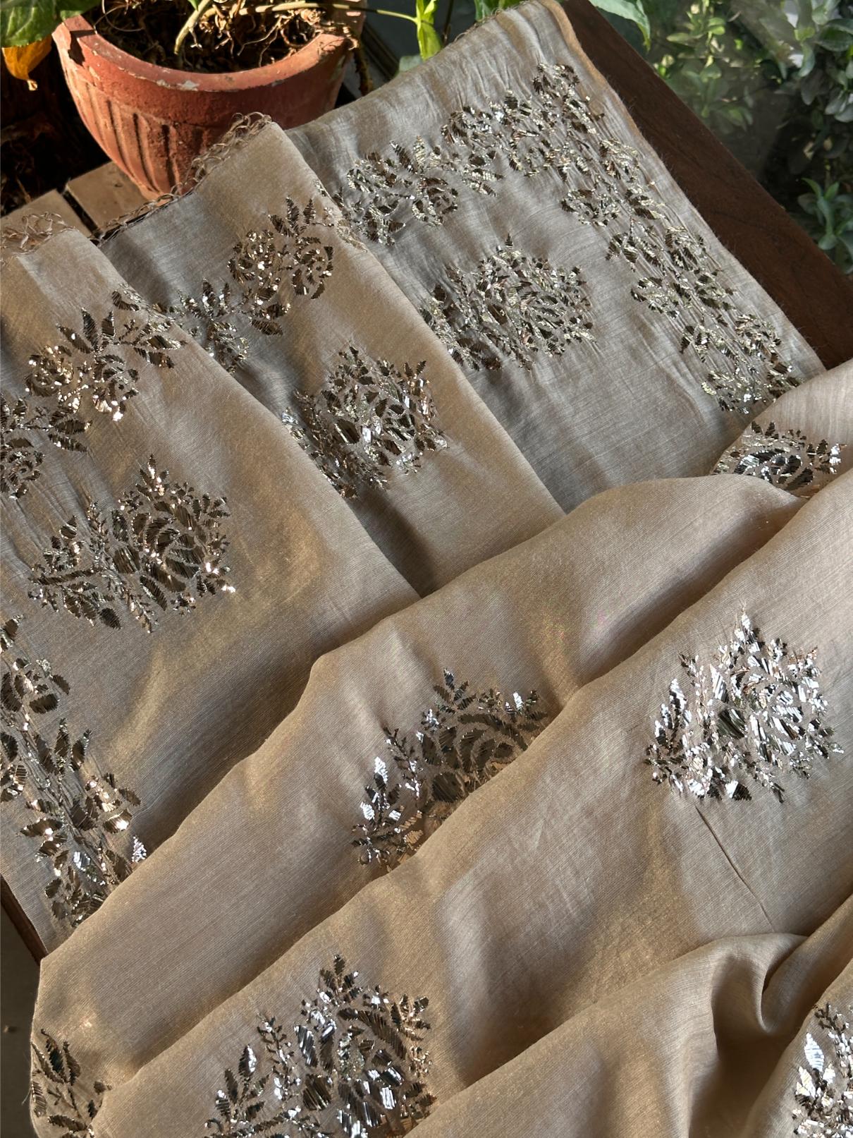 Natutal Beige Tussar Silk Mukaish Badla Rose Motif Dupatta