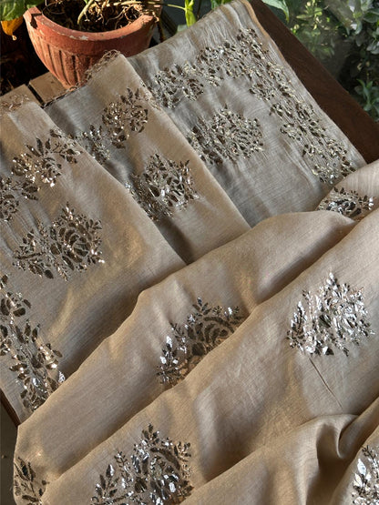 Natutal Beige Tussar Silk Mukaish Badla Rose Motif Dupatta