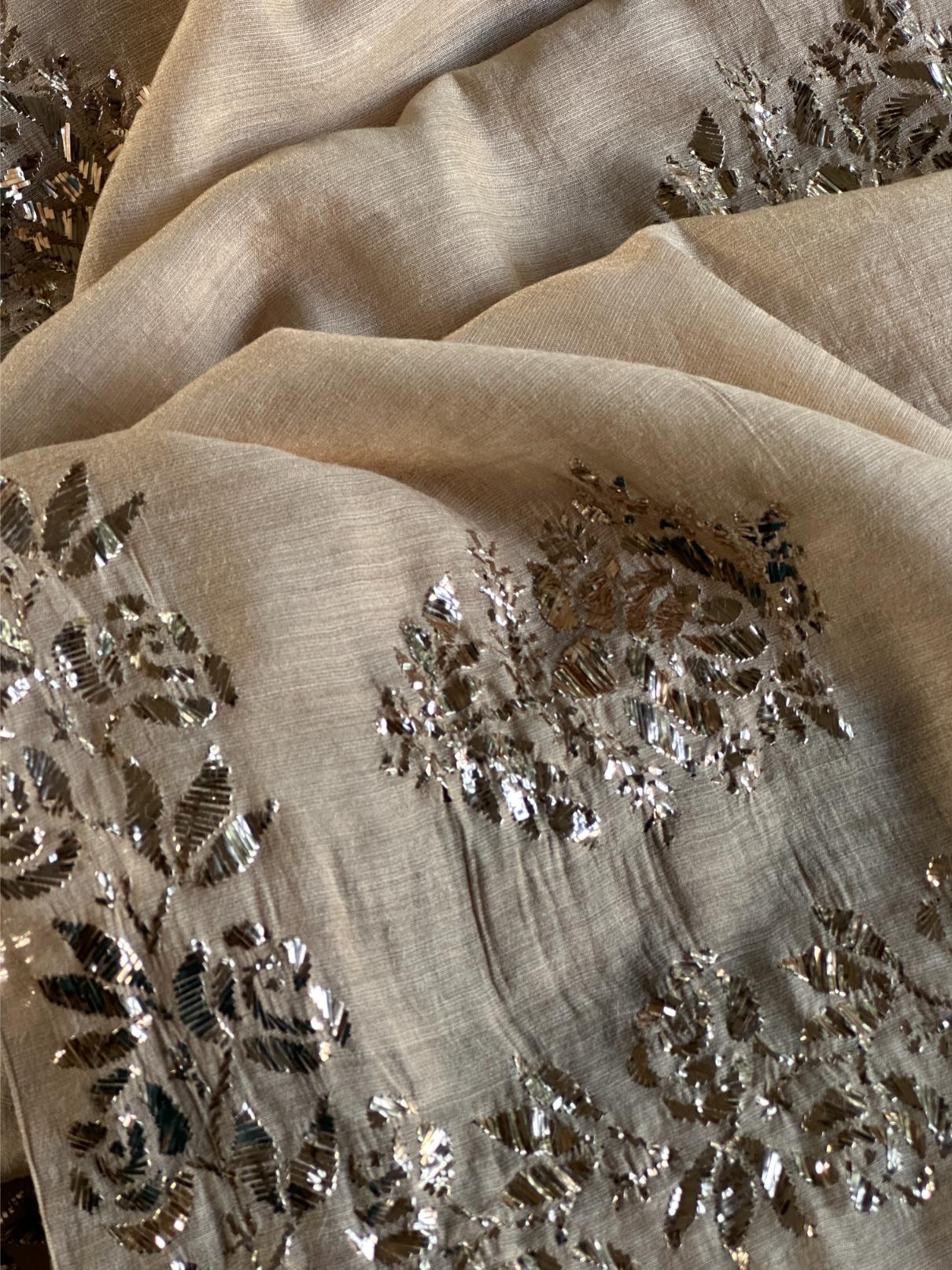 Natutal Beige Tussar Silk Mukaish Badla Rose Motif Dupatta