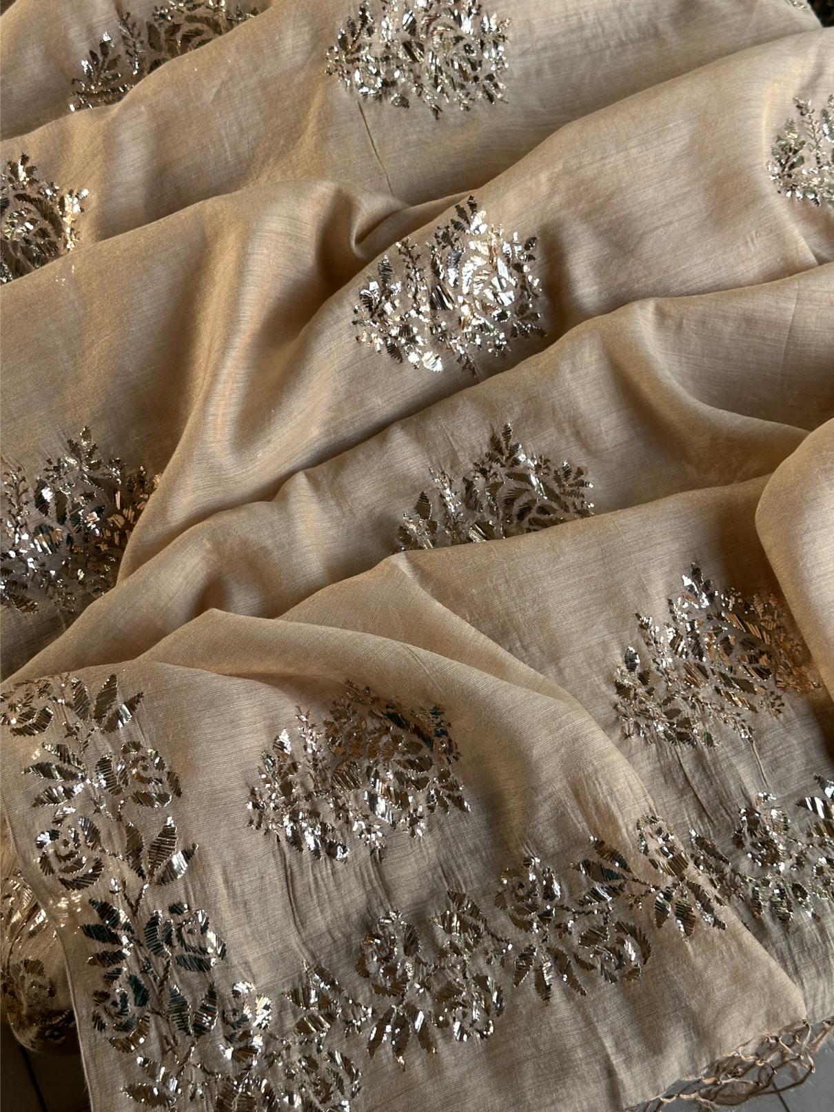 Natutal Beige Tussar Silk Mukaish Badla Rose Motif Dupatta