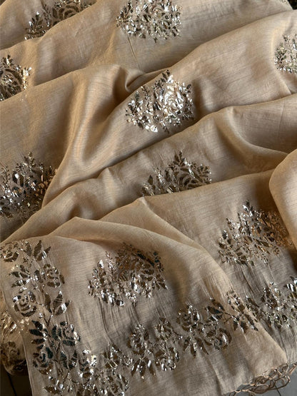 Natutal Beige Tussar Silk Mukaish Badla Rose Motif Dupatta