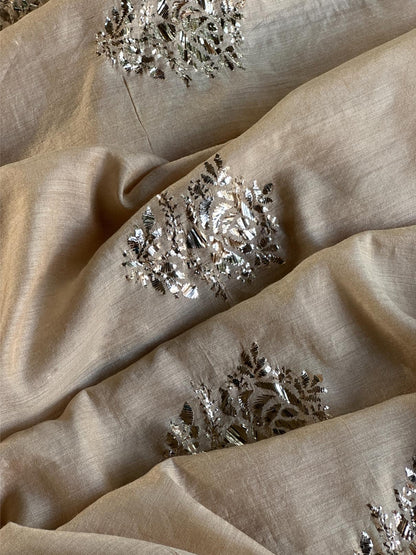 Natutal Beige Tussar Silk Mukaish Badla Rose Motif Dupatta