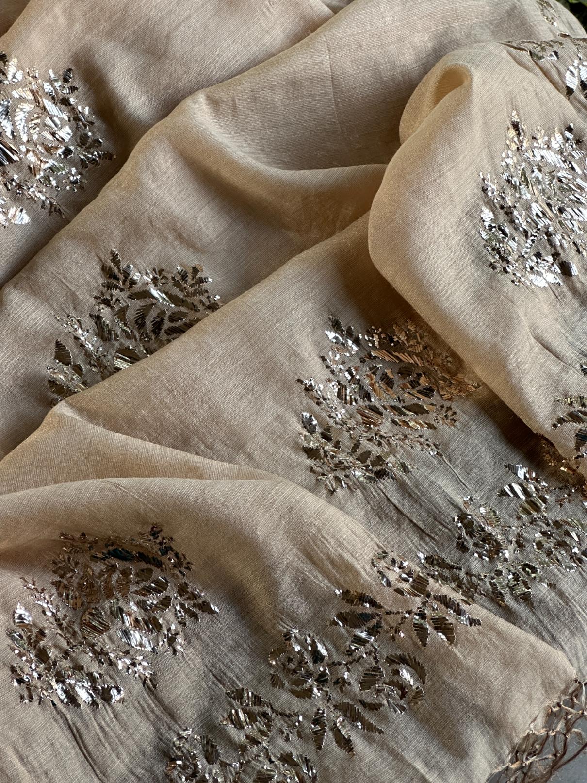 Natutal Beige Tussar Silk Mukaish Badla Rose Motif Dupatta