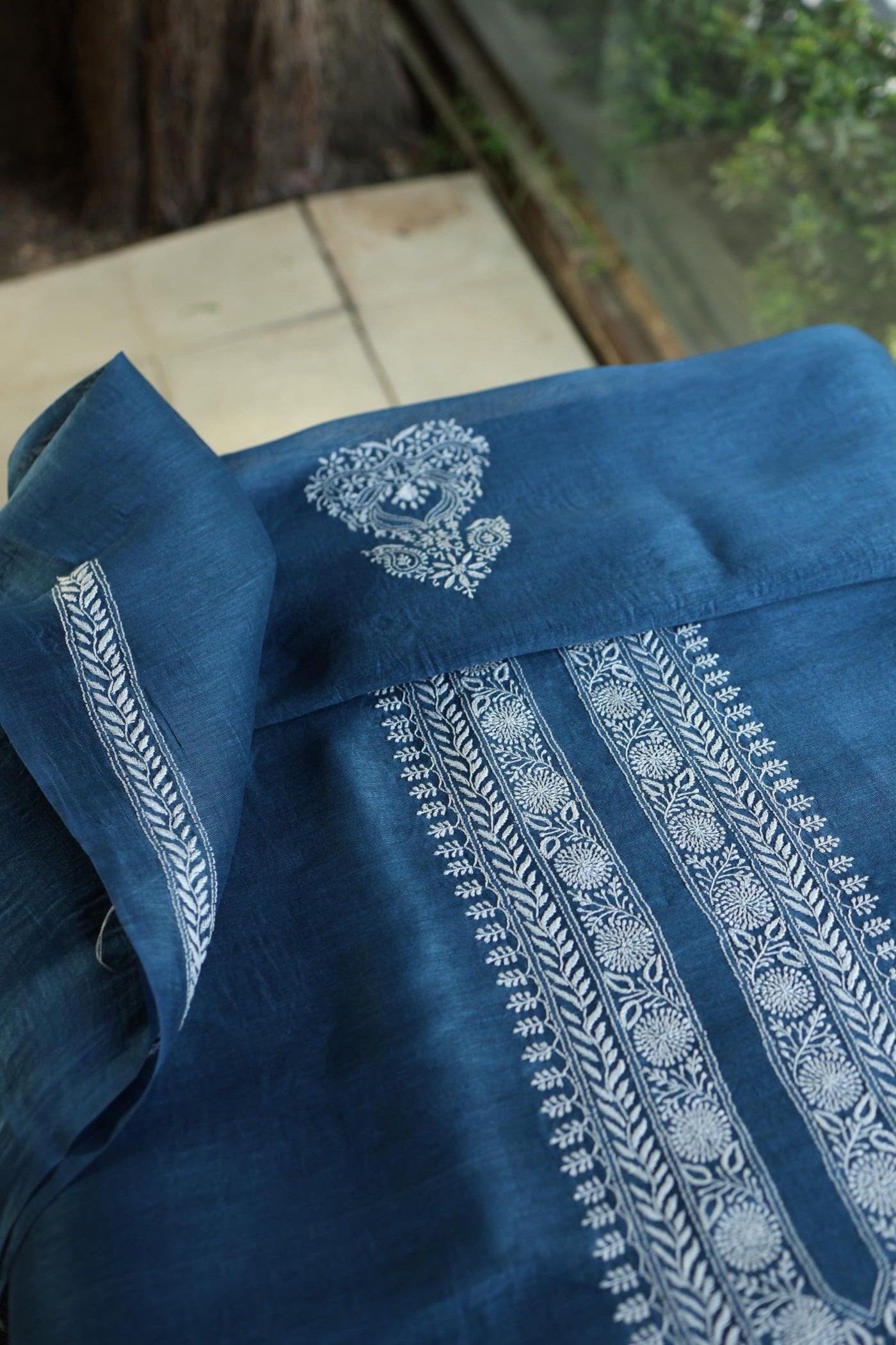 Navy Blue Linen Chikankari Unstitched Men's Kurtas Fabric