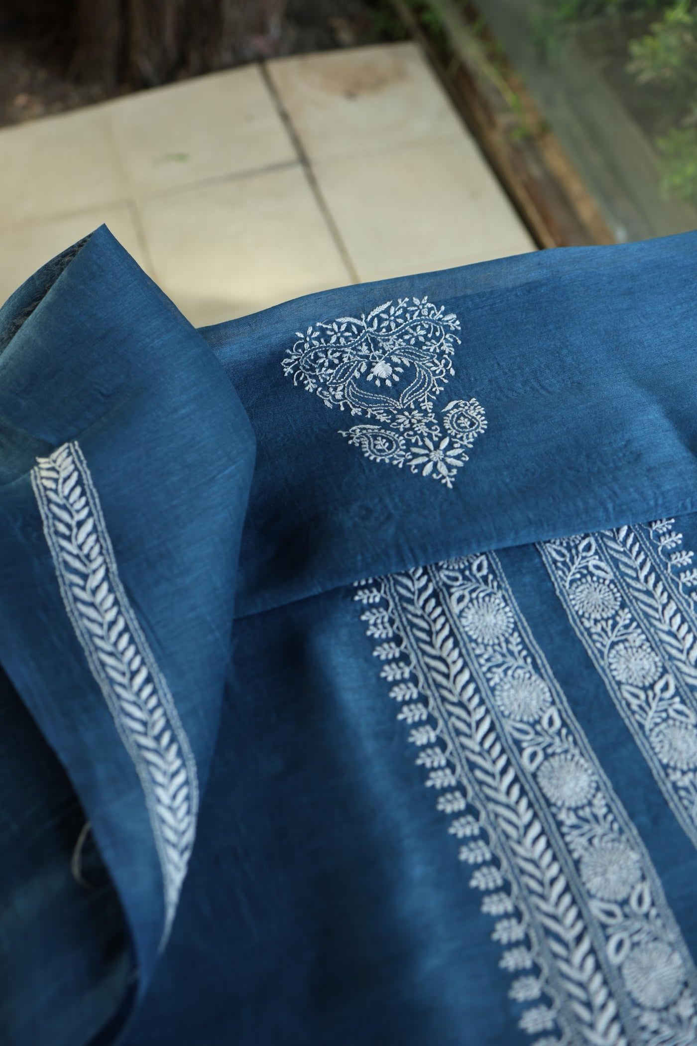 Navy Blue Linen Chikankari Unstitched Men's Kurtas Fabric