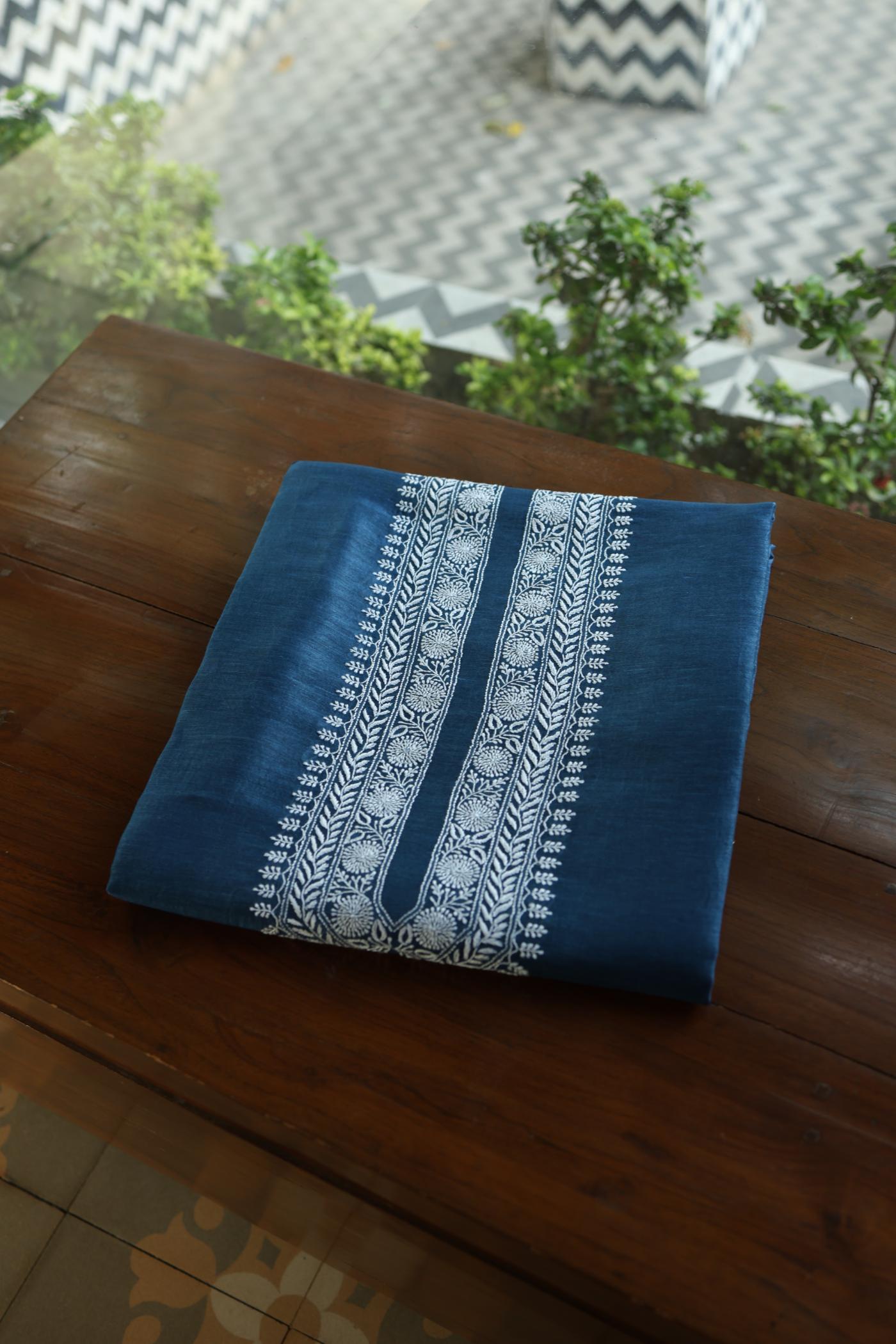 Navy Blue Linen Chikankari Unstitched Men's Kurtas Fabric