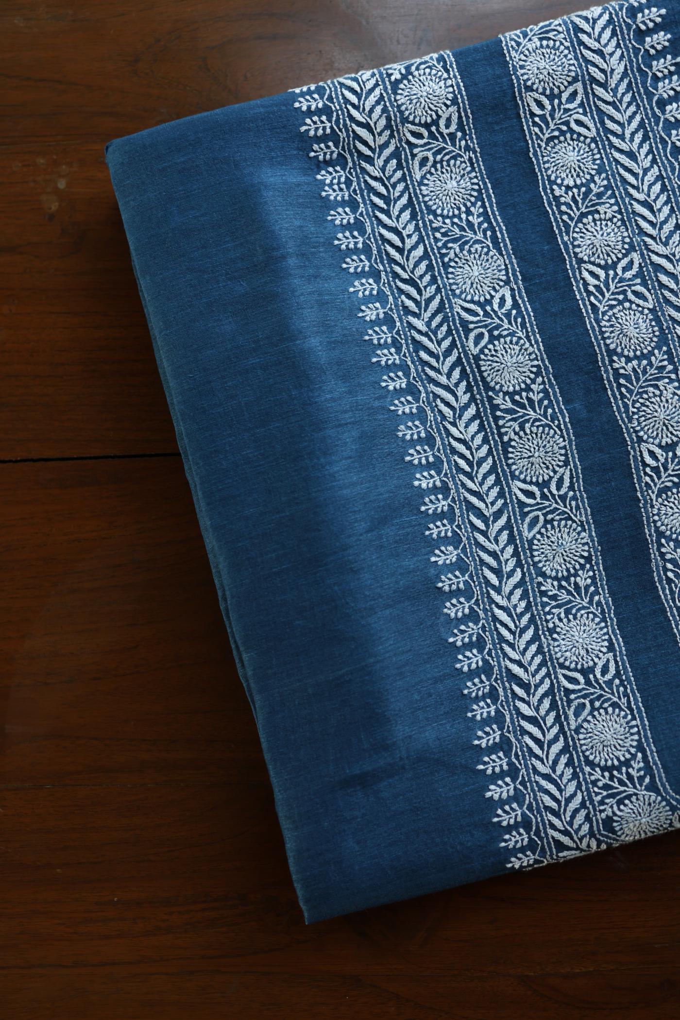 Navy Blue Linen Chikankari Unstitched Men's Kurtas Fabric