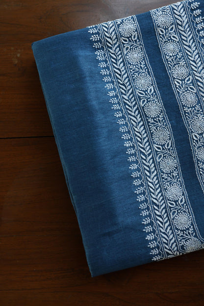 Navy Blue Linen Chikankari Unstitched Men's Kurtas Fabric
