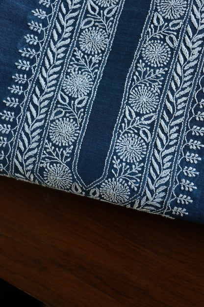 Navy Blue Linen Chikankari Unstitched Men's Kurtas Fabric