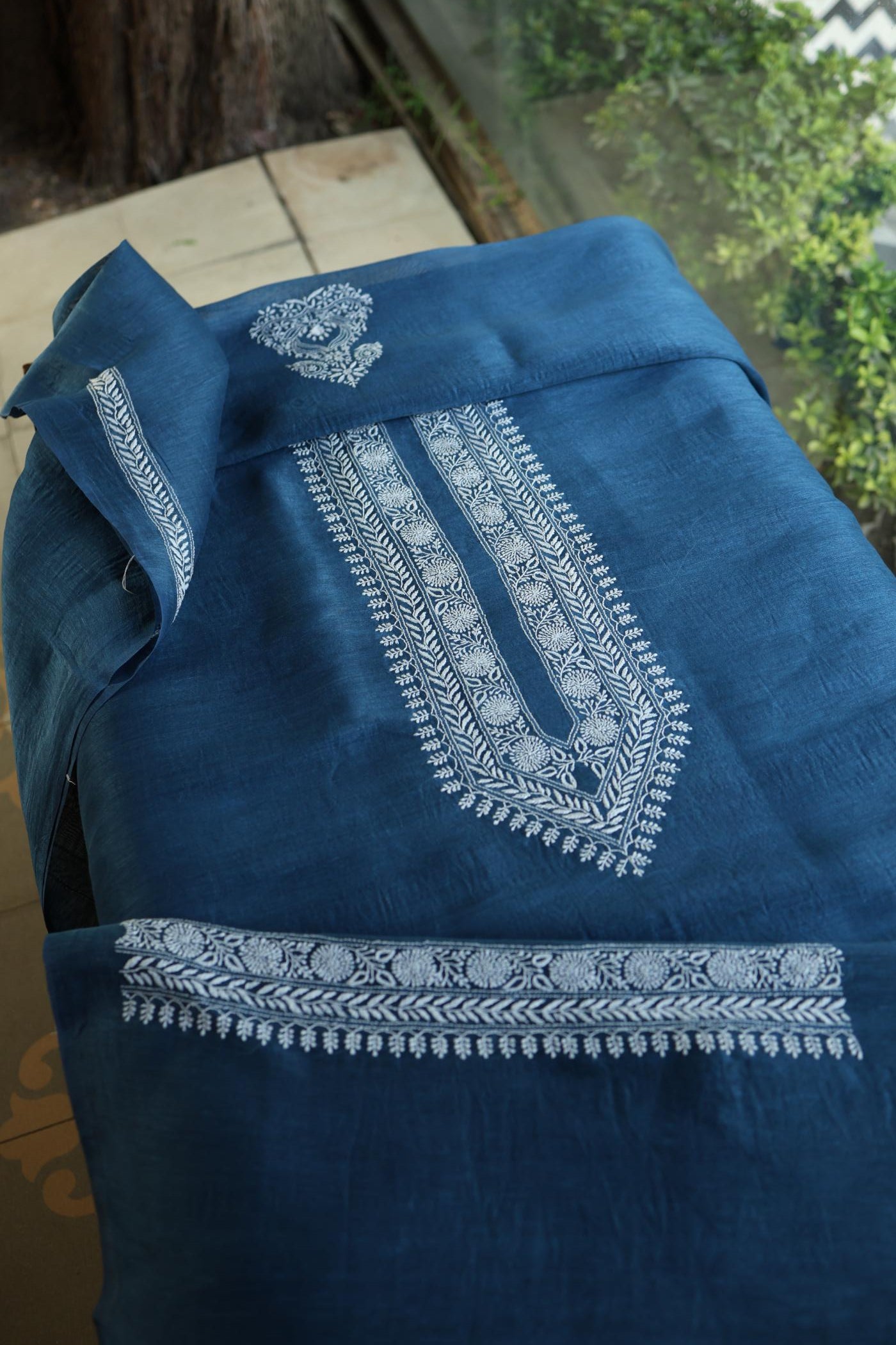 Navy Blue Linen Chikankari Unstitched Men's Kurtas Fabric