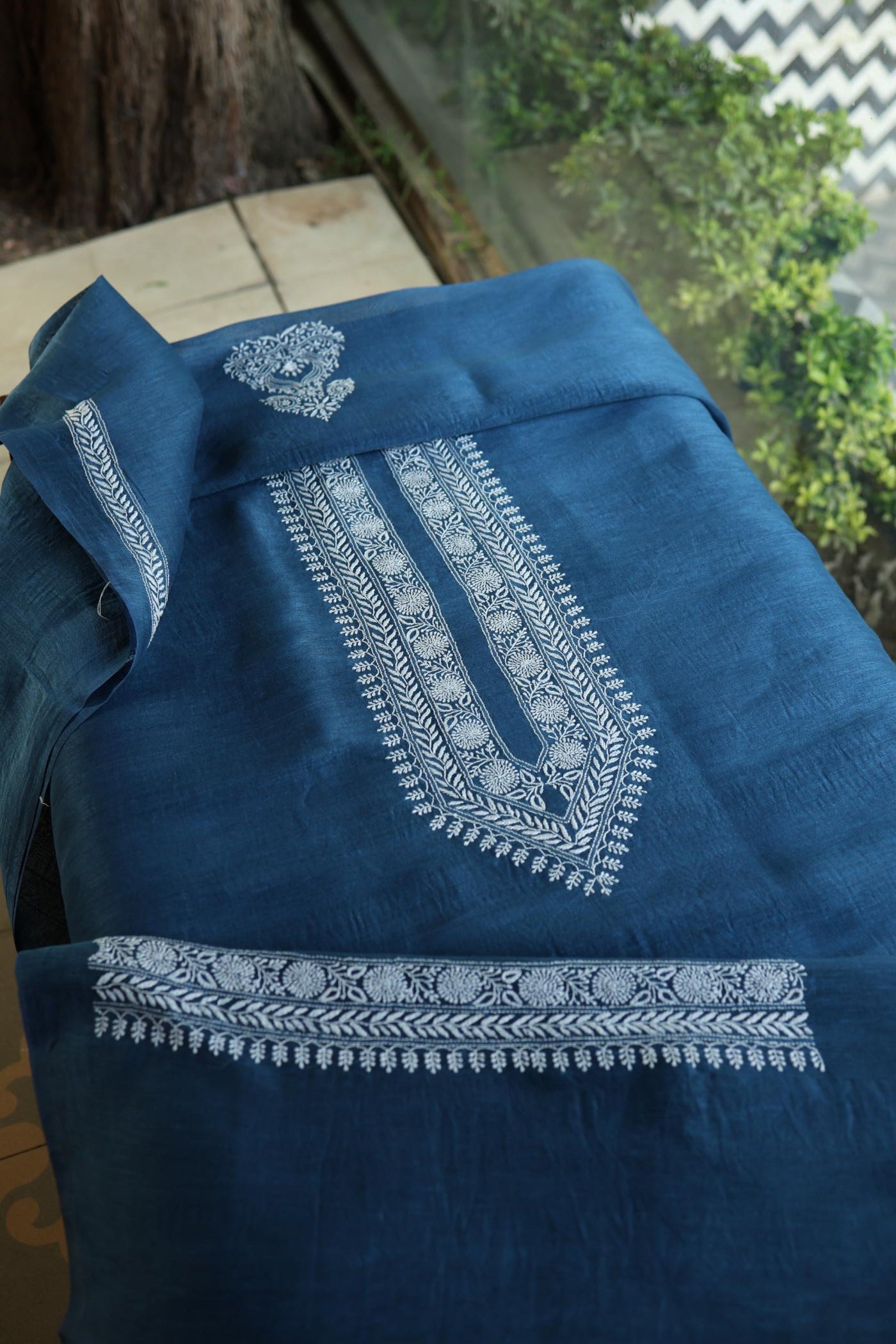Navy Blue Linen Chikankari Unstitched Men's Kurtas Fabric
