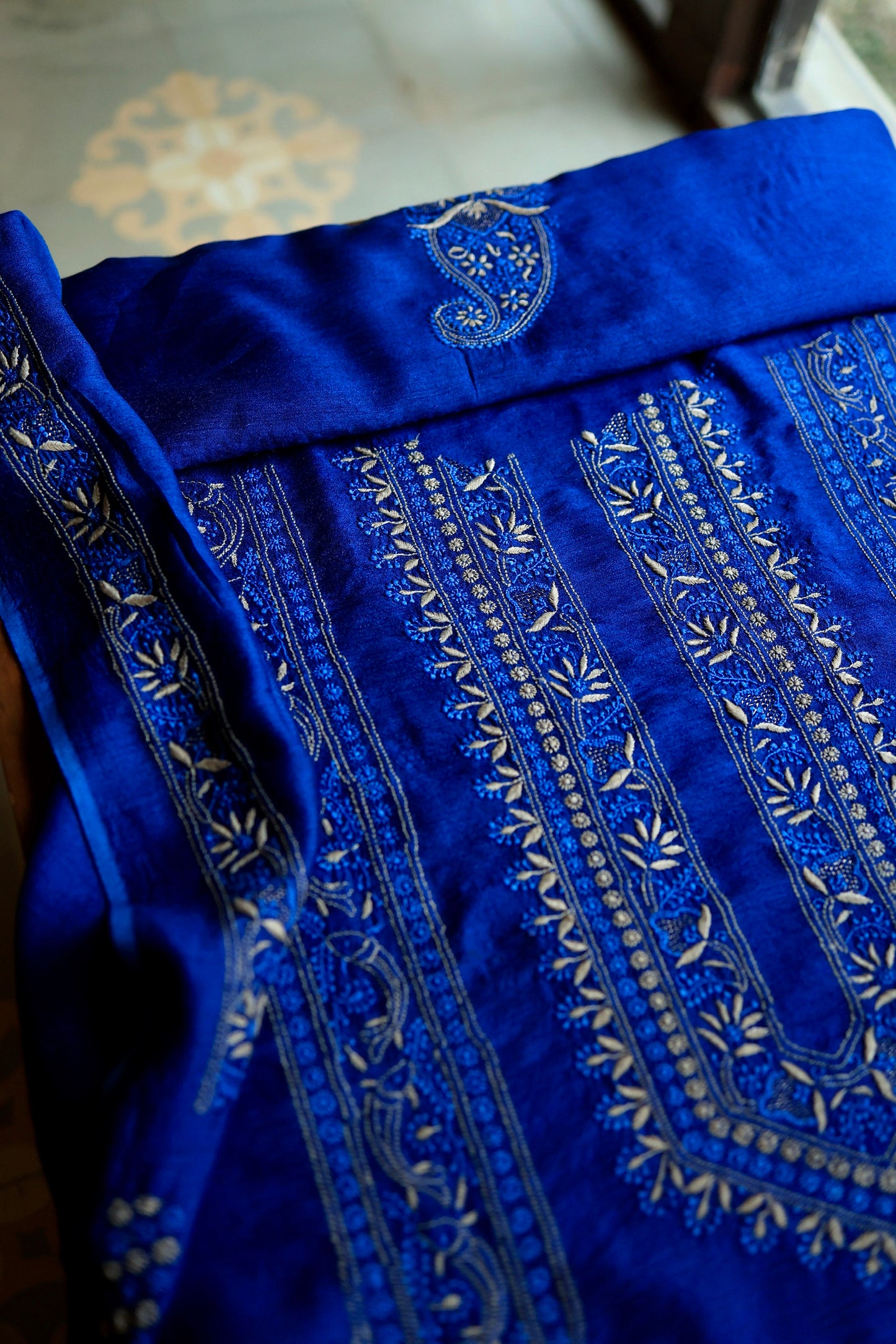 Navy Blue Moonga Silk Front Panel Chikankari Men’s Kurta Fabric