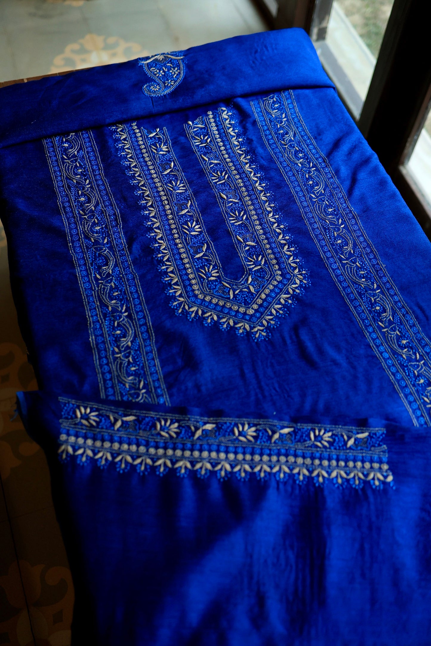 Navy Blue Moonga Silk Front Panel Chikankari Men’s Kurta Fabric