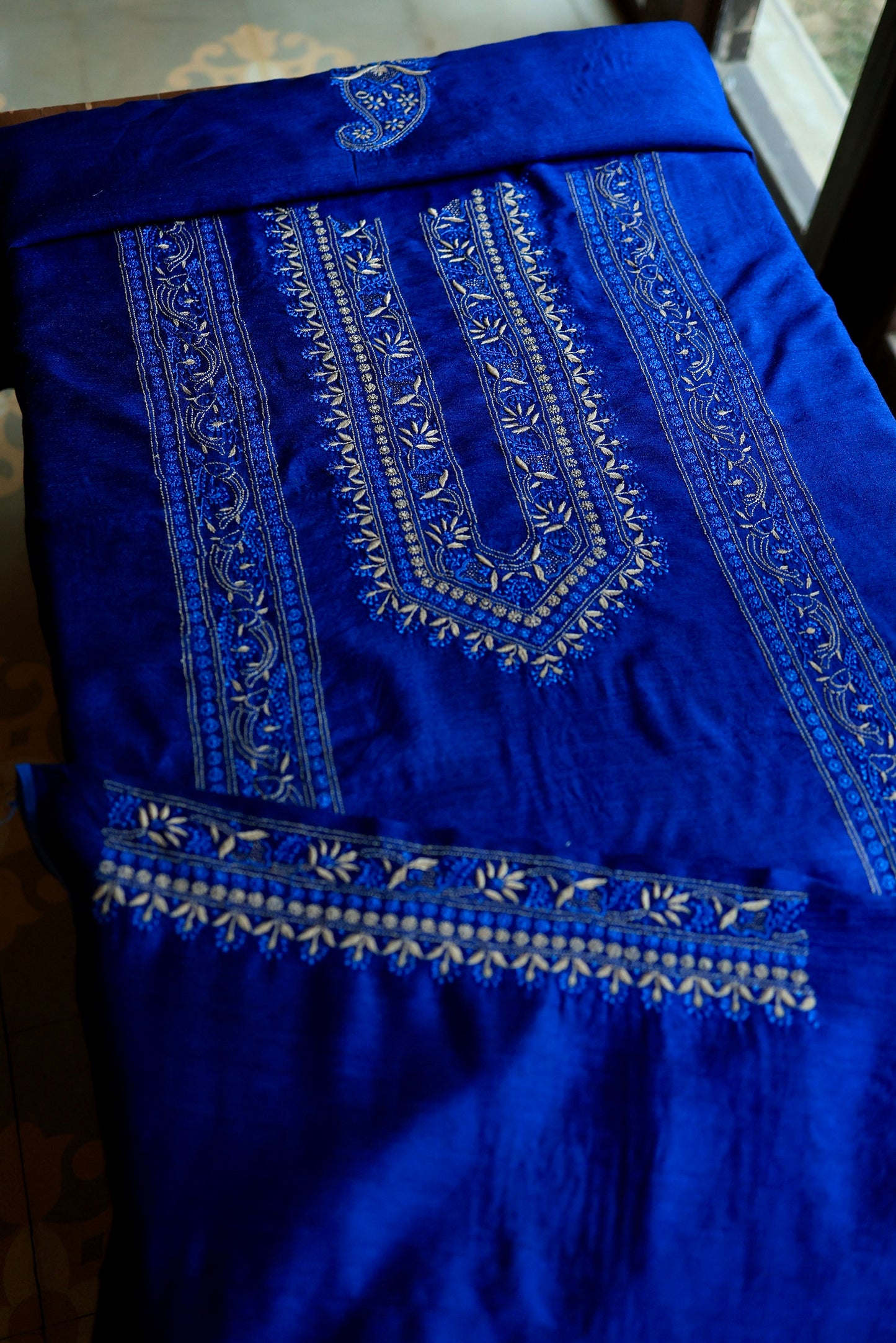 Navy Blue Moonga Silk Front Panel Chikankari Men’s Kurta Fabric