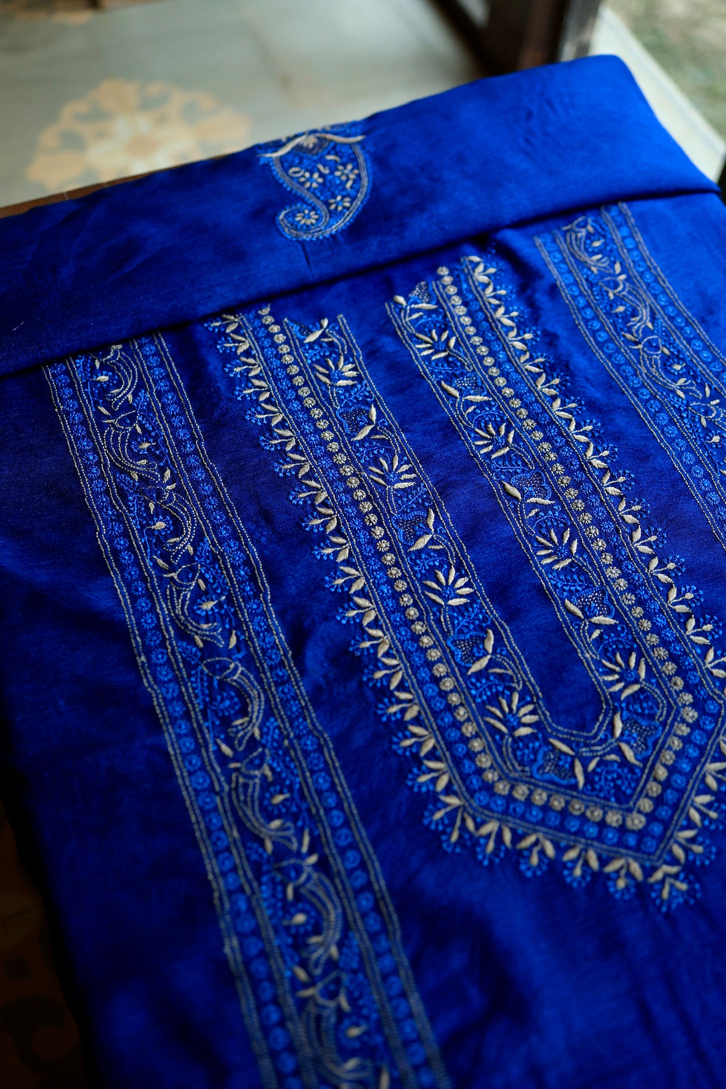 Navy Blue Moonga Silk Front Panel Chikankari Men’s Kurta Fabric