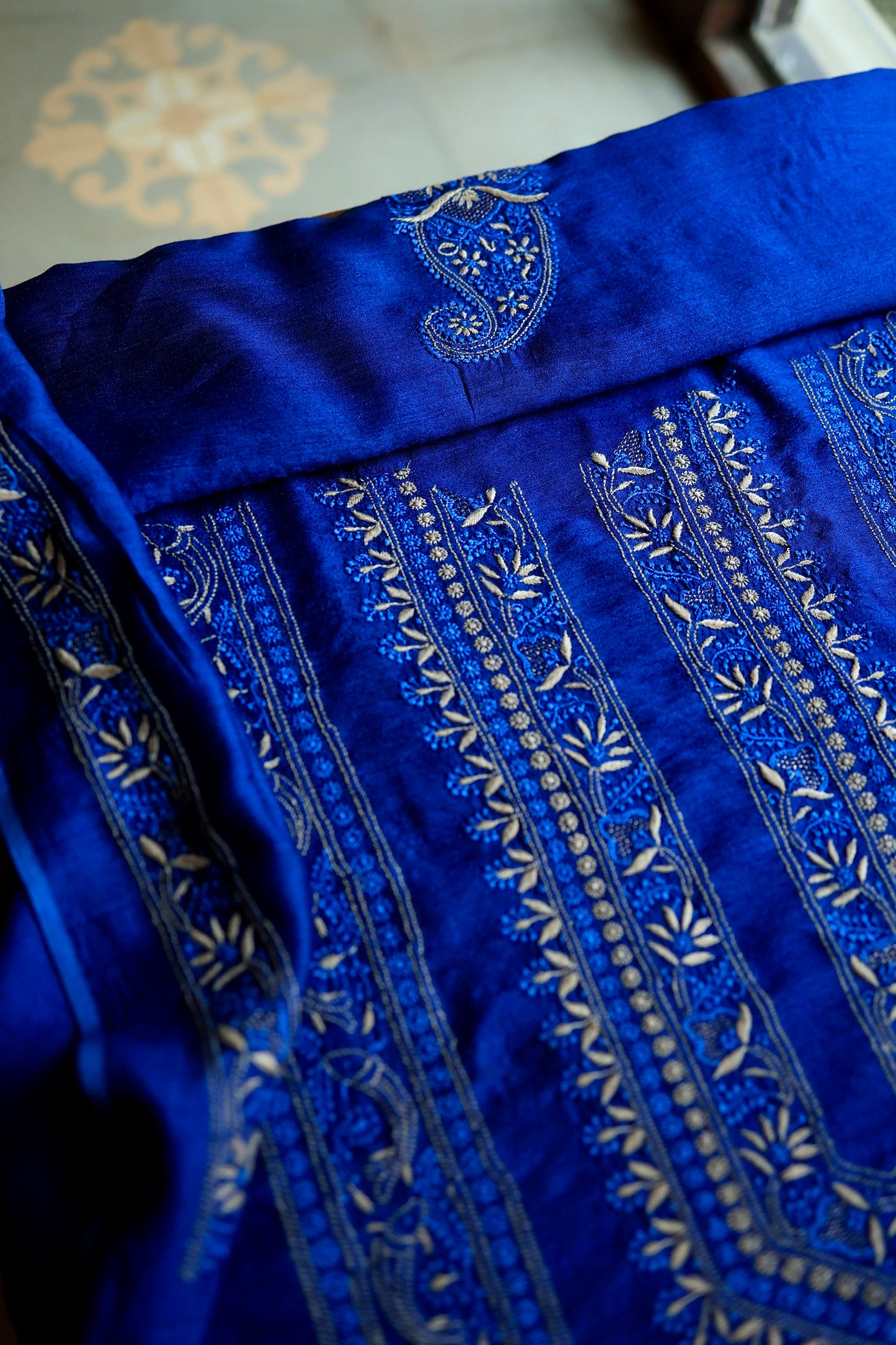 Navy Blue Moonga Silk Front Panel Chikankari Men’s Kurta Fabric