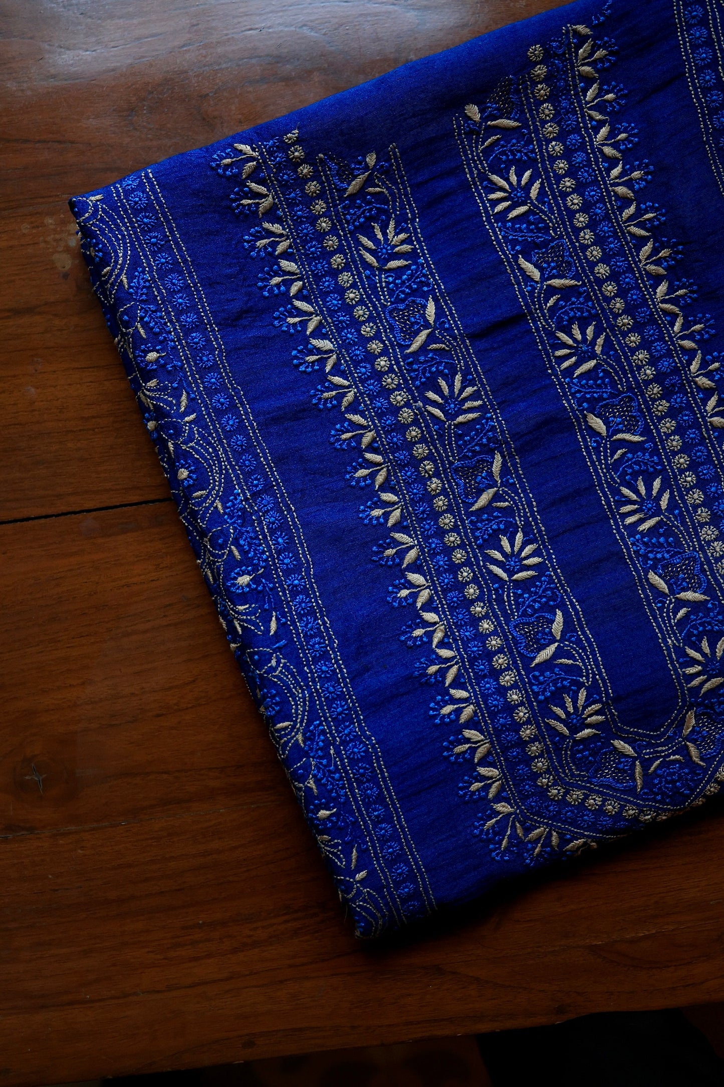 Navy Blue Moonga Silk Front Panel Chikankari Men’s Kurta Fabric