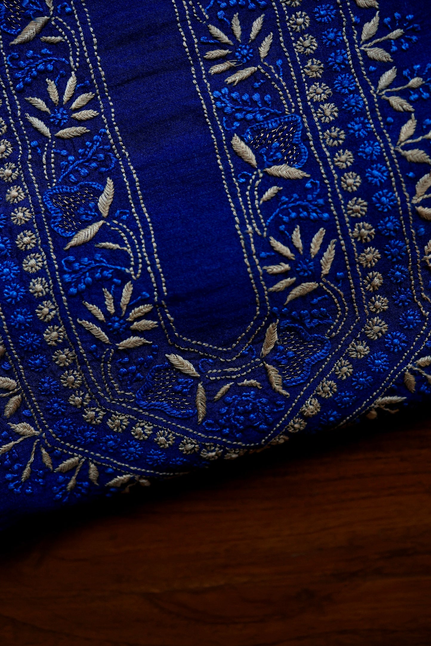 Navy Blue Moonga Silk Front Panel Chikankari Men’s Kurta Fabric